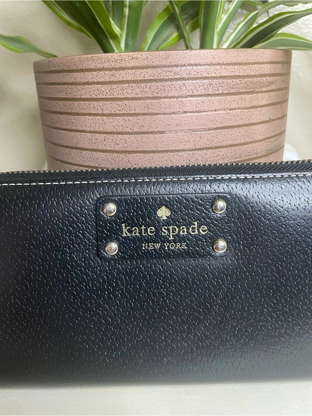 kate spade Black Pebbled Leather Zip Wallet with Gold Logo